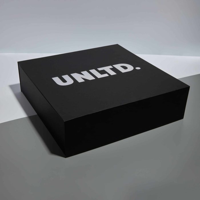 Black rigid presentation box with foam fitments for drink company